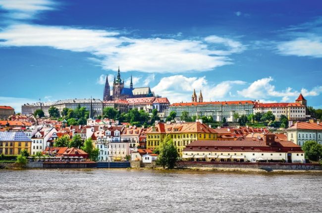 View of colorful old town and Prague castle with river Vltava, Czech Republic