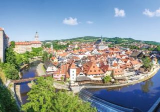 Panoramic view over the old Town of Cesky Krumlov, Czech Republic