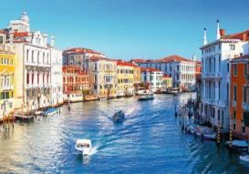 Grand canal of Venice city with boats at sunny day. Italy