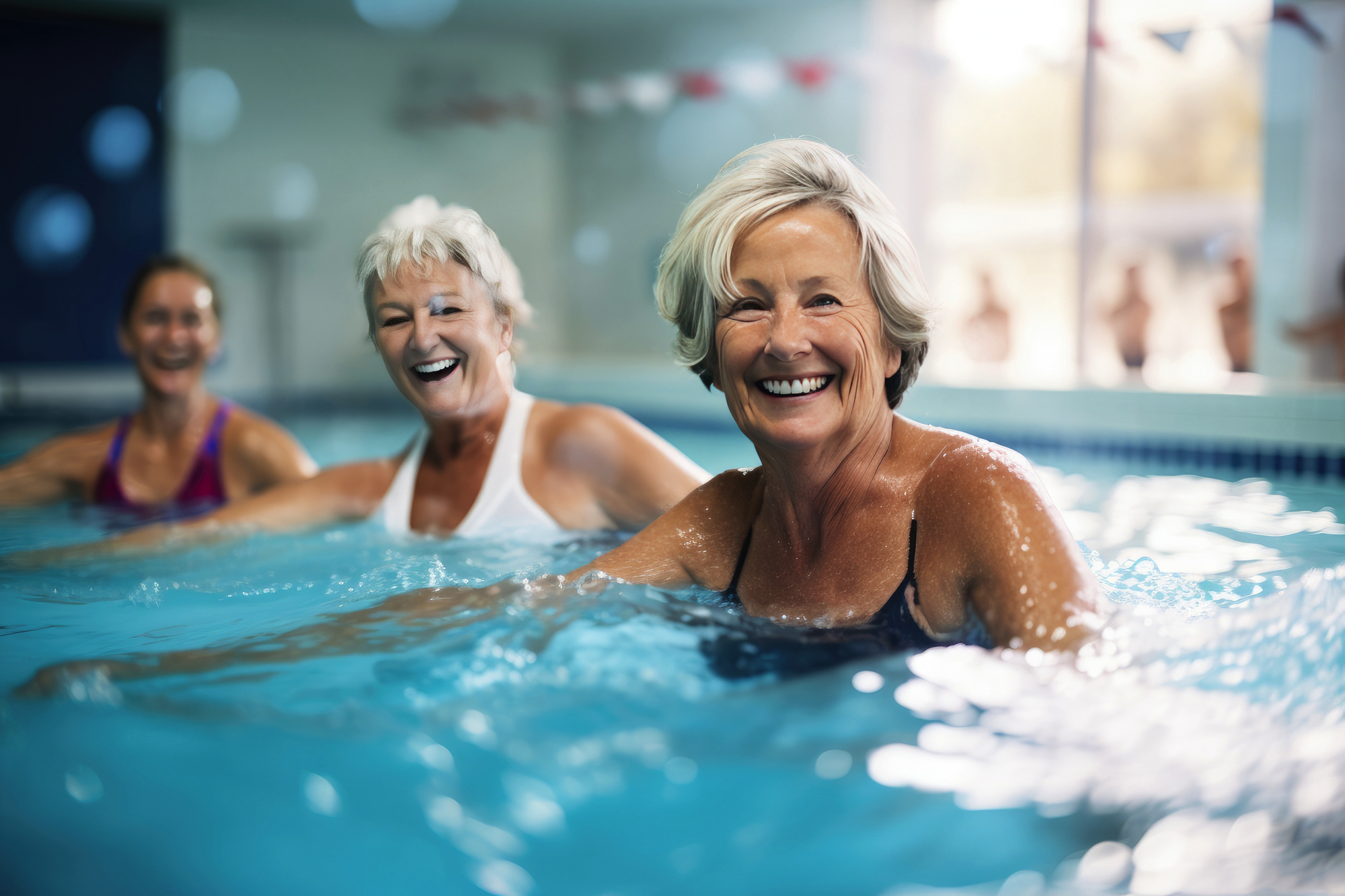 Active seniors enjoy swimming, promoting wellness and vitality in a group portrait filled with joy. Kuranwendungen in Marienbad
