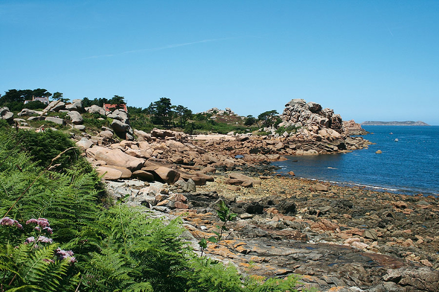 Küstenlandschaft mit rosa Granitfelsen und blauem Himmel in der Bretagne.