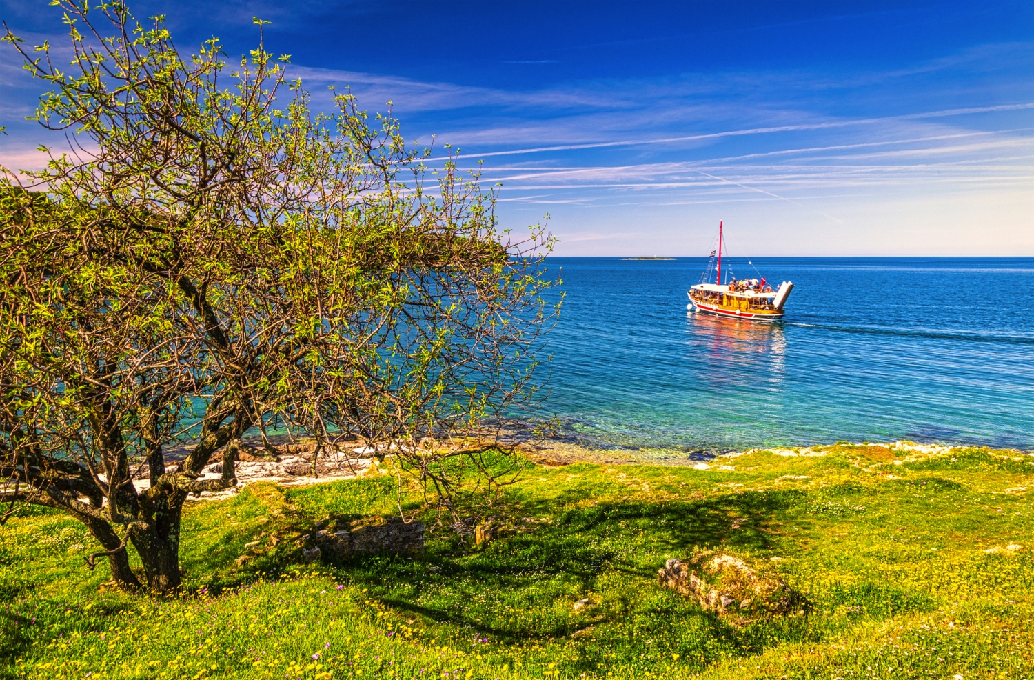 Segelboot auf türkisfarbenem Meer, grüner Wiese im Vordergrund, blauem Himmel im Hintergrund.