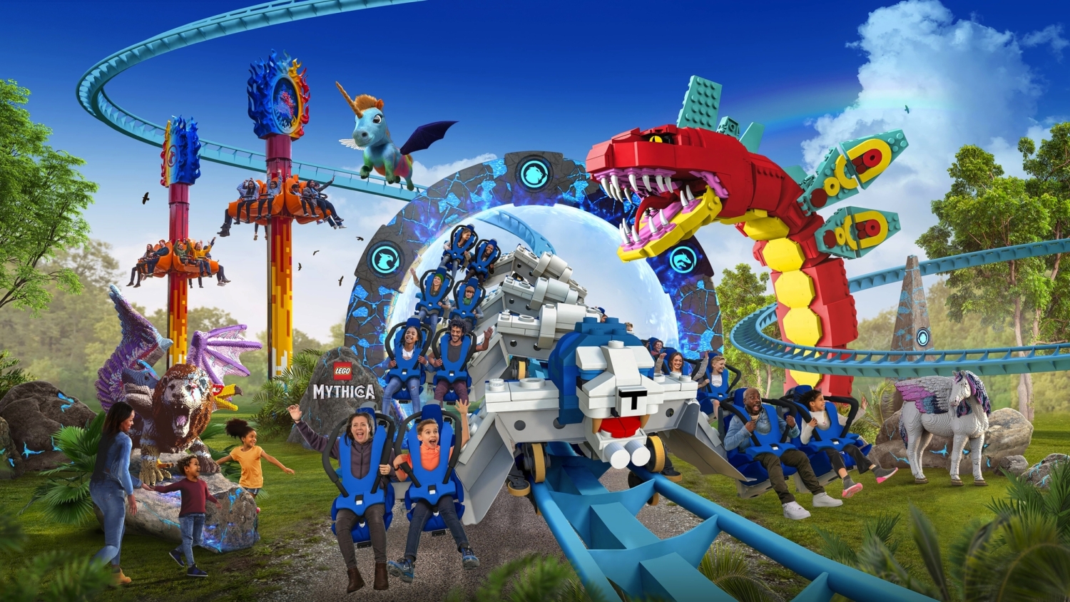 Illustration einer fantastischen Themenpark-Attraktion mit Fabelwesen und Achterbahnen.