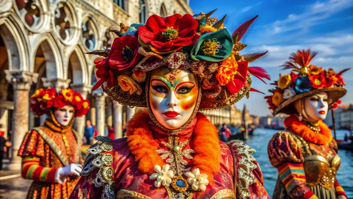 Personen in farbenfrohen Carnevale-Kostümen und Masken in Venedig.
