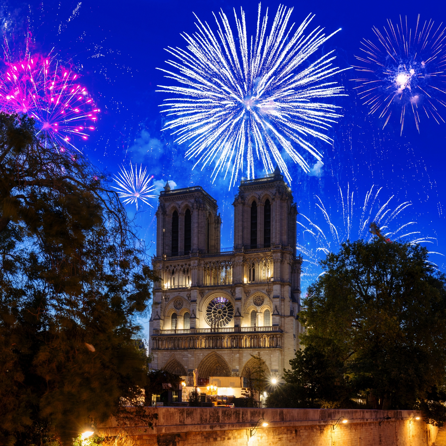 Kathedrale Notre-Dame mit Feuerwerk im nächtlichen Himmel.