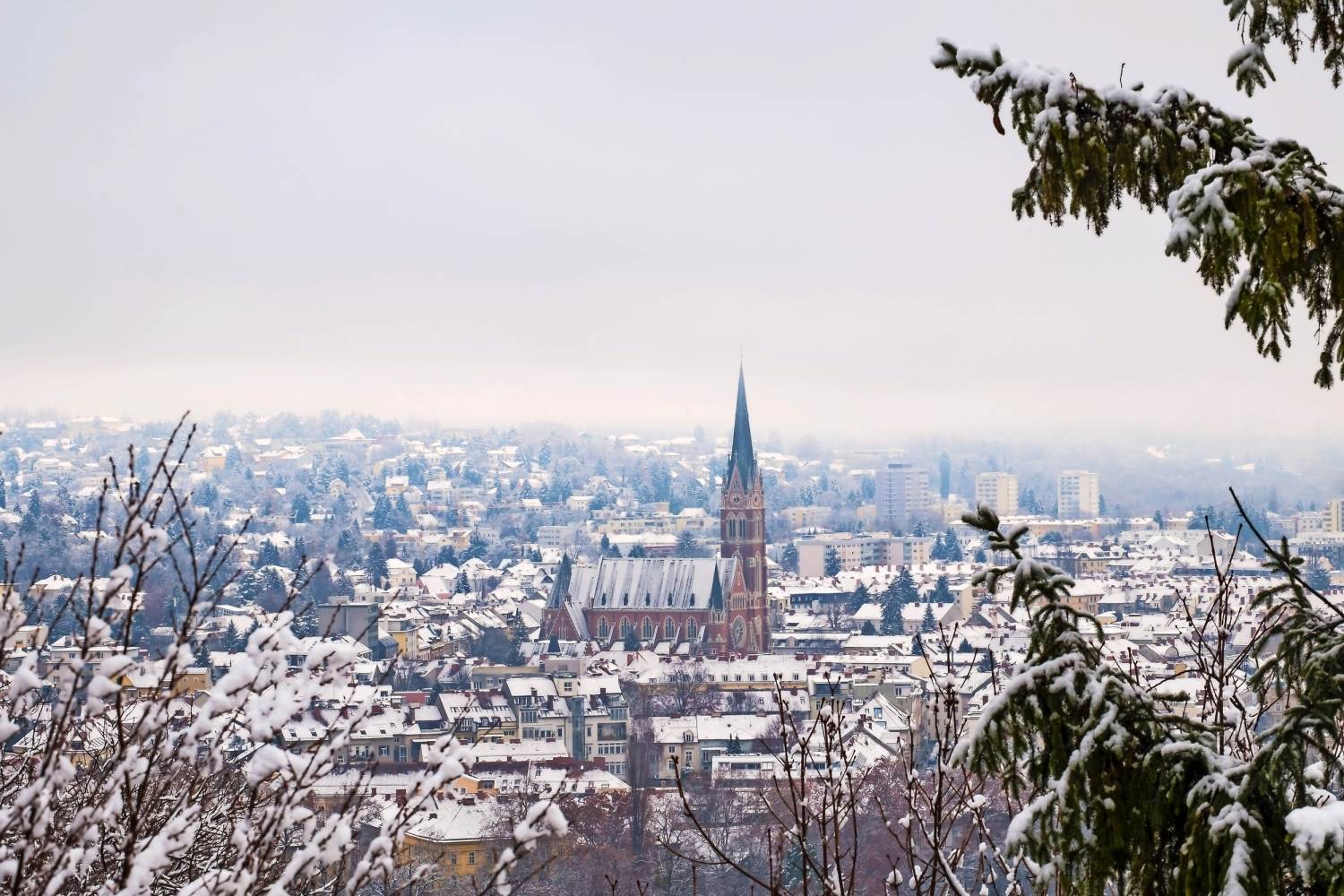 Ein verschneiter Stadtpanorama mit einer gotischen Kirche im Zentrum und Bäumen im Vordergrund.